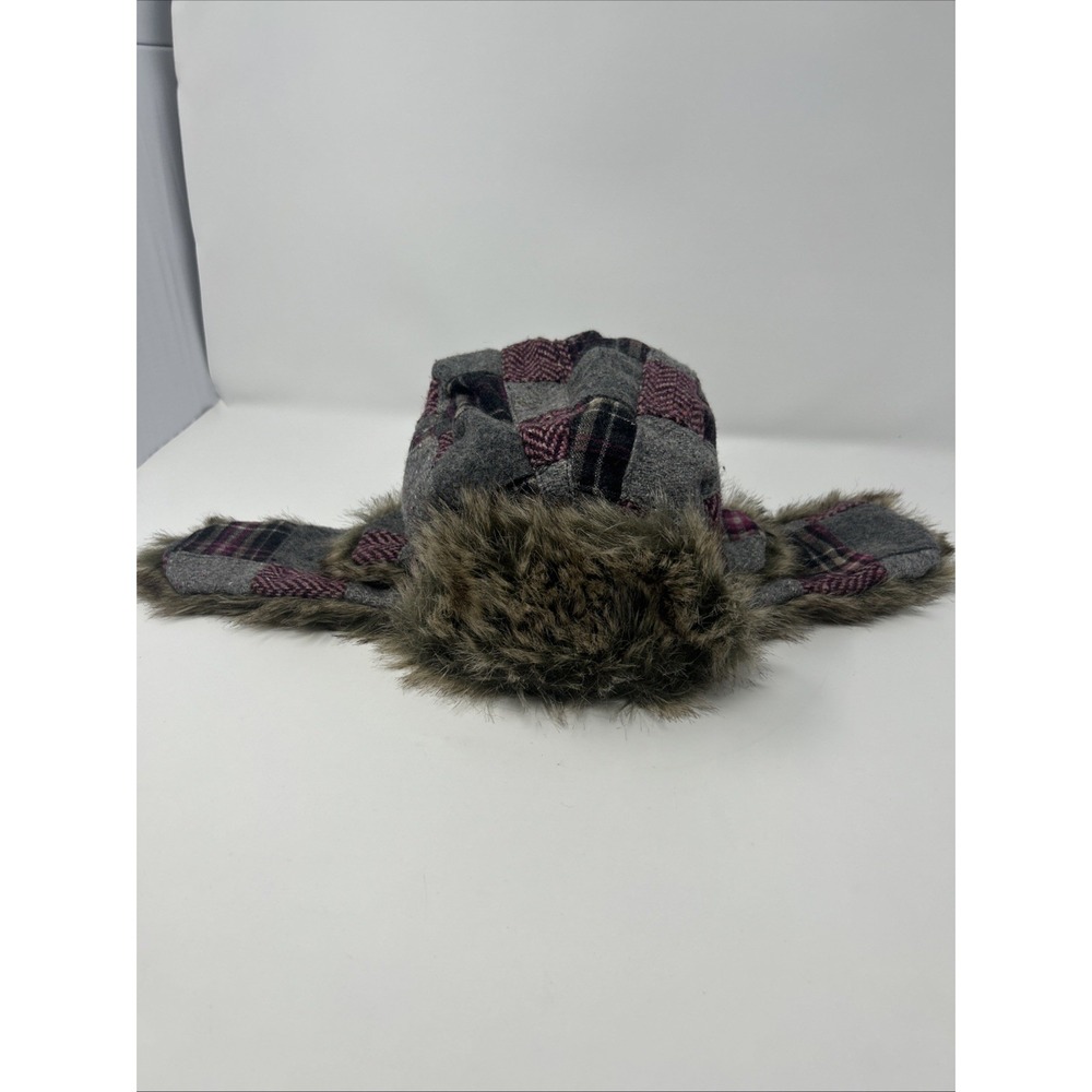 Gorpcore American Eagle Plaid Patchwork Trapper Hat Faux Fur Aviator Cap Cabin